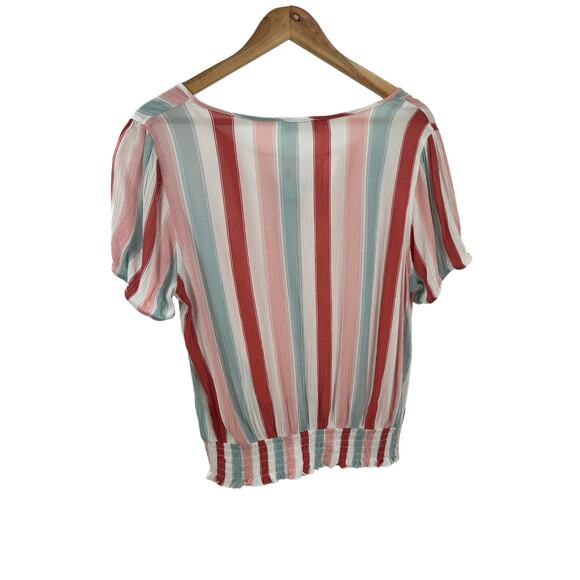 Striped Multicolor Pink Rose Tie Front Top Large Elastic Hem - Picture 3 of 9